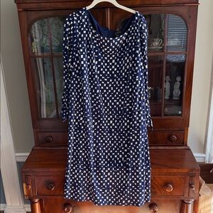 Tahari Navy and White Geometric 3/4 Tie Sleeve Dress